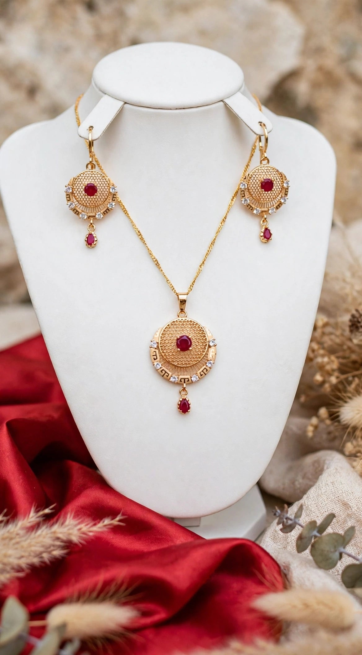Heart Ruby Gold Plated Locket Set - Chain + Locket + Earrings. Turkish heart jaali design, beech me red ruby + white zircon, neeche ruby drop latkan. Light weight, daily / party wear