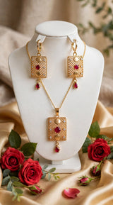 Heart Ruby Gold Plated Locket Set - Chain + Locket + Earrings. Turkish heart jaali design, beech me red ruby + white zircon, neeche ruby drop latkan. Light weight, daily / party wear
