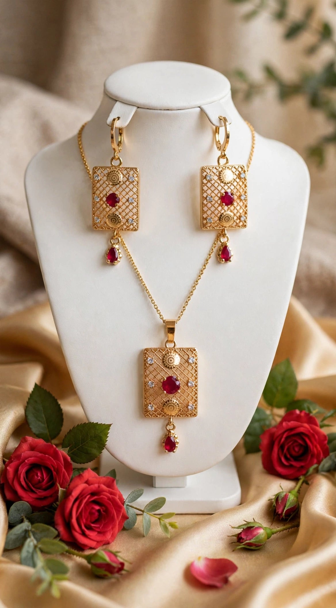 Heart Ruby Gold Plated Locket Set - Chain + Locket + Earrings. Turkish heart jaali design, beech me red ruby + white zircon, neeche ruby drop latkan. Light weight, daily / party wear