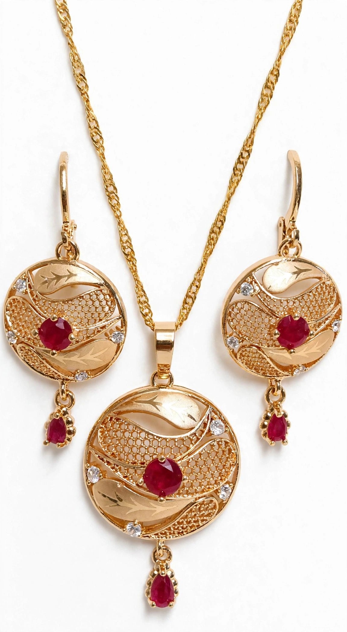 Heart Ruby Gold Plated Locket Set - Chain + Locket + Earrings. Turkish heart jaali design, beech me red ruby + white zircon, neeche ruby drop latkan. Light weight, daily / party wear