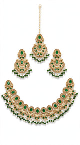 Royal Champagne Gold Bridal Set - Heavy Choker + Earrings + Tikka + Jhoomer. Champagne zircon stones, golden polish, heavy latkan beads, dulhan special.