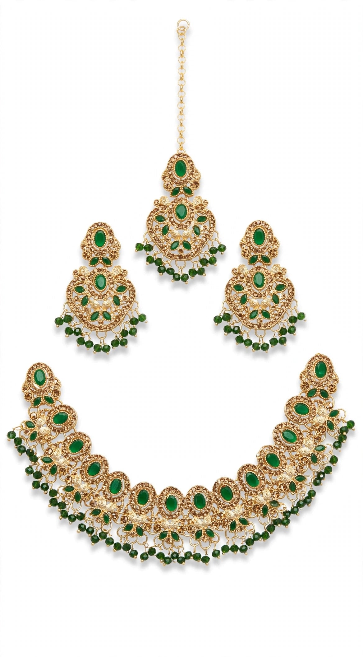 Royal Champagne Gold Bridal Set - Heavy Choker + Earrings + Tikka + Jhoomer. Champagne zircon stones, golden polish, heavy latkan beads, dulhan special.
