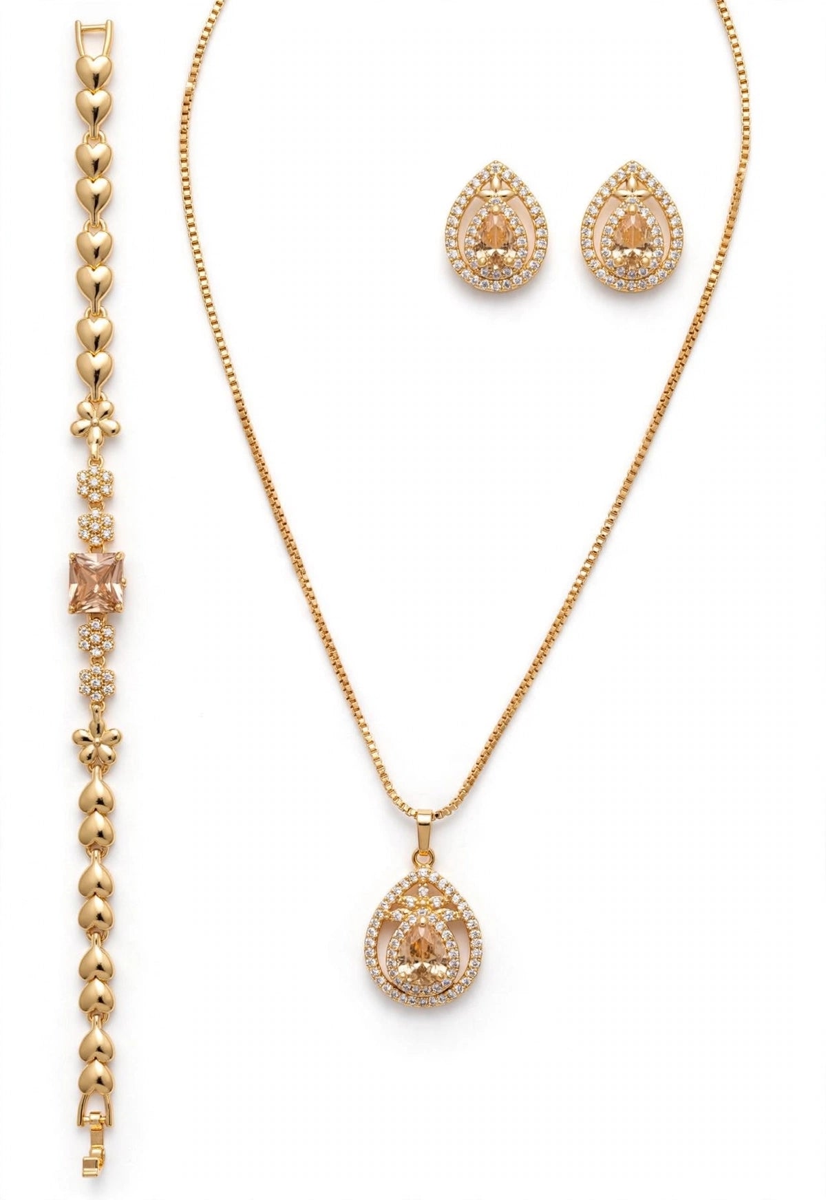 Trending Champagne Brown Zircon Stone wala 4-in-1 complete set. Gold plated, long lasting color. Shaadi, Party, Eid, Gift ke liye perfect