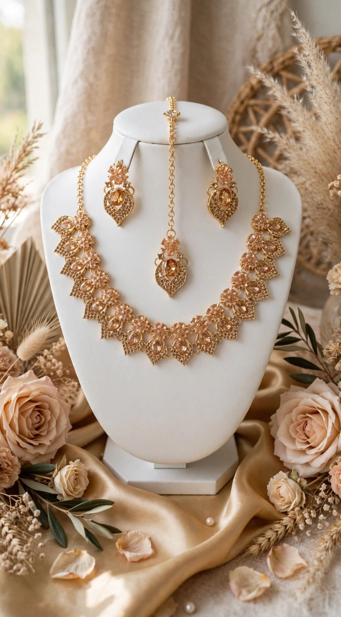Champagne Leaf Heavy Bridal Set - Necklace + Earrings + Maang Tikka. Champagne leaf stones + flower zircon, gold leaf jaali work. Mehndi / Shadi ke liye royal dulhan look.