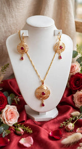 Heart Ruby Gold Plated Locket Set - Chain + Locket + Earrings. Turkish heart jaali design, beech me red ruby + white zircon, neeche ruby drop latkan. Light weight, daily / party wear