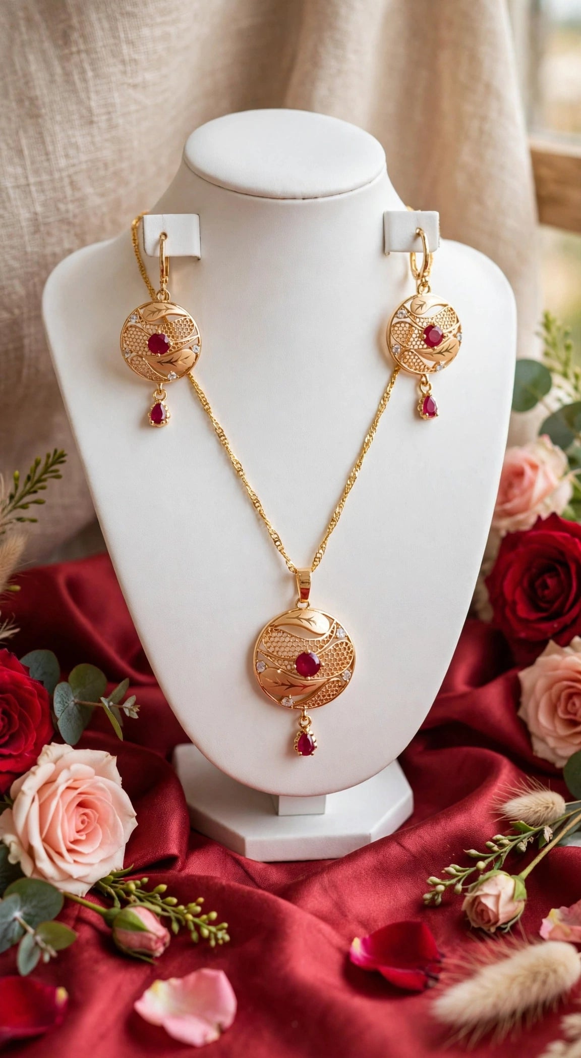 Heart Ruby Gold Plated Locket Set - Chain + Locket + Earrings. Turkish heart jaali design, beech me red ruby + white zircon, neeche ruby drop latkan. Light weight, daily / party wear
