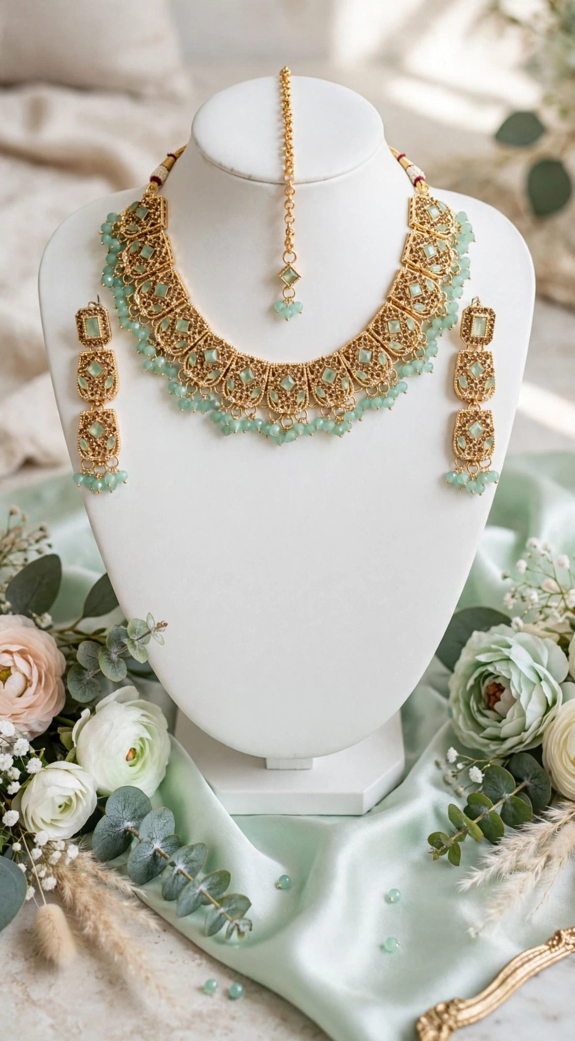 Heavy Champagne Crystal Bridal Set - Choker + Long 3-Step Earrings + Maang Tikka. Full champagne stones, crystal latkan beads, golden polish. Shadi / Barat / Walima ke liye royal dulhan look, box included.