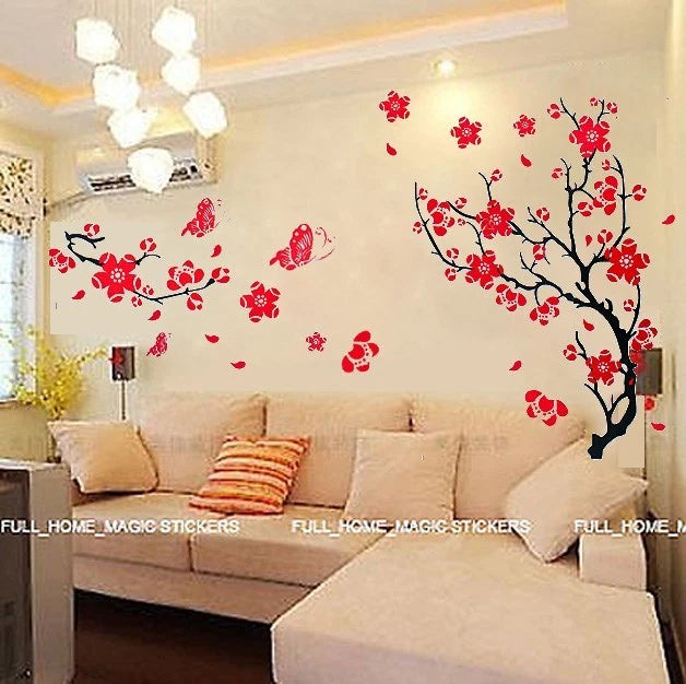 VAGA Stylish Adhesive Rooms Walls Vinyl DIY Stickers/Murals/Decals/Tattoos/Transfers with Red Japanese Cherry Blossoms Tree/Branch and Butterflies Designs size