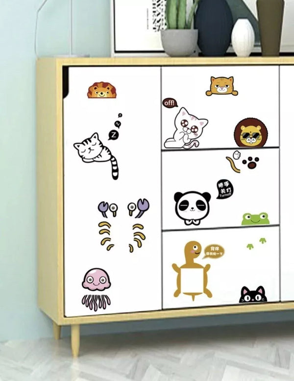 NEW Set of 12 Cartoon Animals Light Switch Cat Lion Frog Crab Panda Wall Sticker