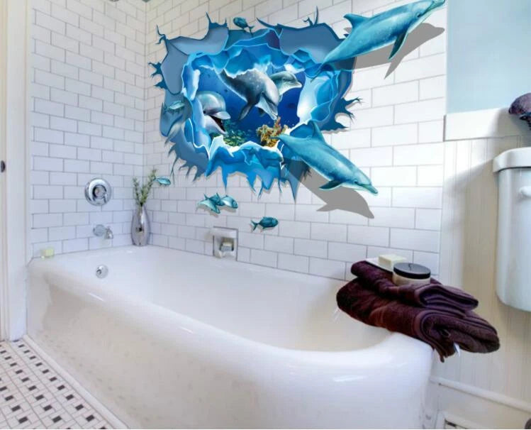 US STOCK Wall decal Sticker Dolphin 3D living room Bathroom Lavatory Toilet size 60x90 xh4176