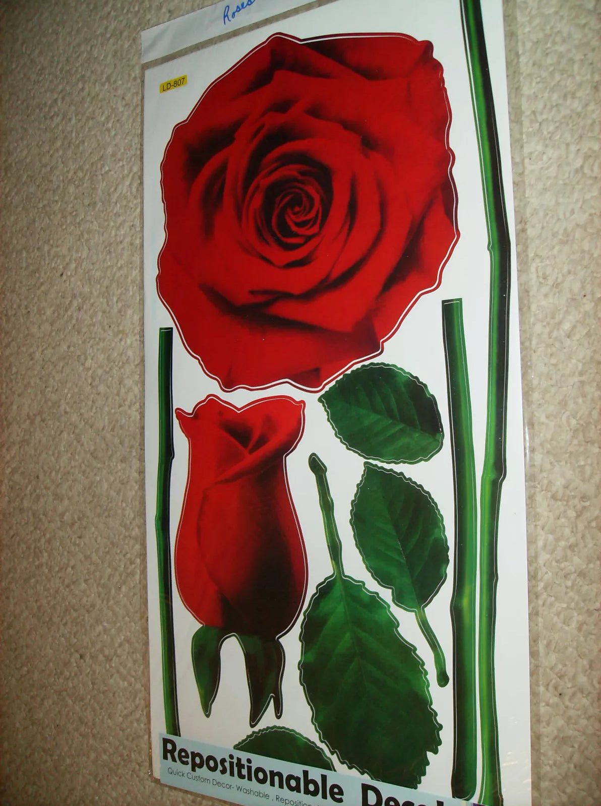 RED ROSE WALL DECAL REMOVABLE 24" x 13" WASHABLE CAN REPOSITION new SEE PICS