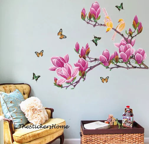 Pink Magnolia Tree Flower Butterfly Wall Stickers Home Decor WallSticker ay1903