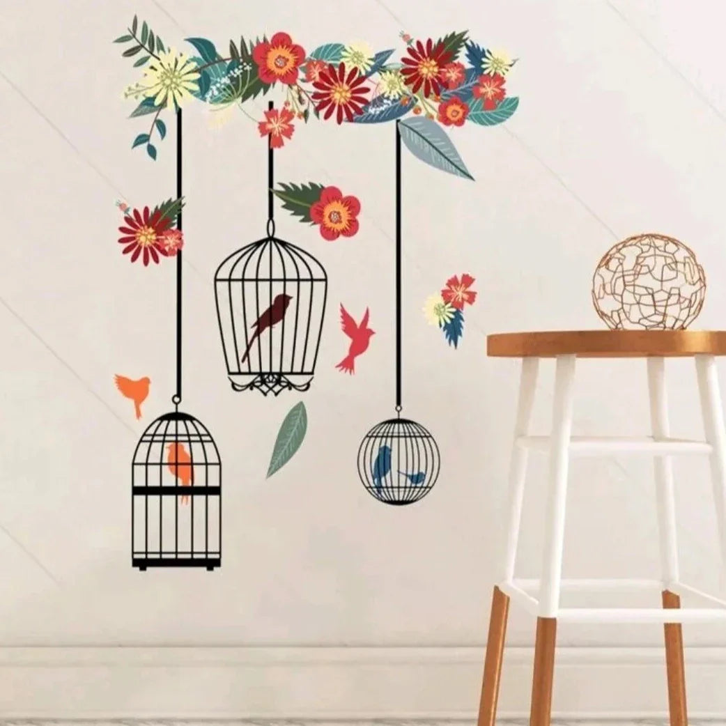 LARGE Flower Bird Cage Birds Wall Sticker REMIUM PVC Floral wall Art Vinyl  deco size 30x90 dm3006