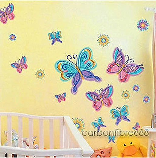 LARGE Colourful BUTTERFLIES FLOWERS Wall Stickers Nursery Girls Kids Room Decor size 50x70 xy8067