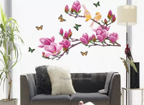 Pink Magnolia Tree Flower Butterfly Wall Stickers Home Decor WallSticker ay1903