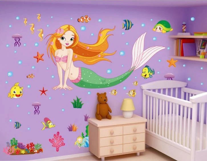 Wall Stickers Sea World Fish Mermaid Bubble Girl Removable Kids Girl Room Decal size 50x70 xls7036