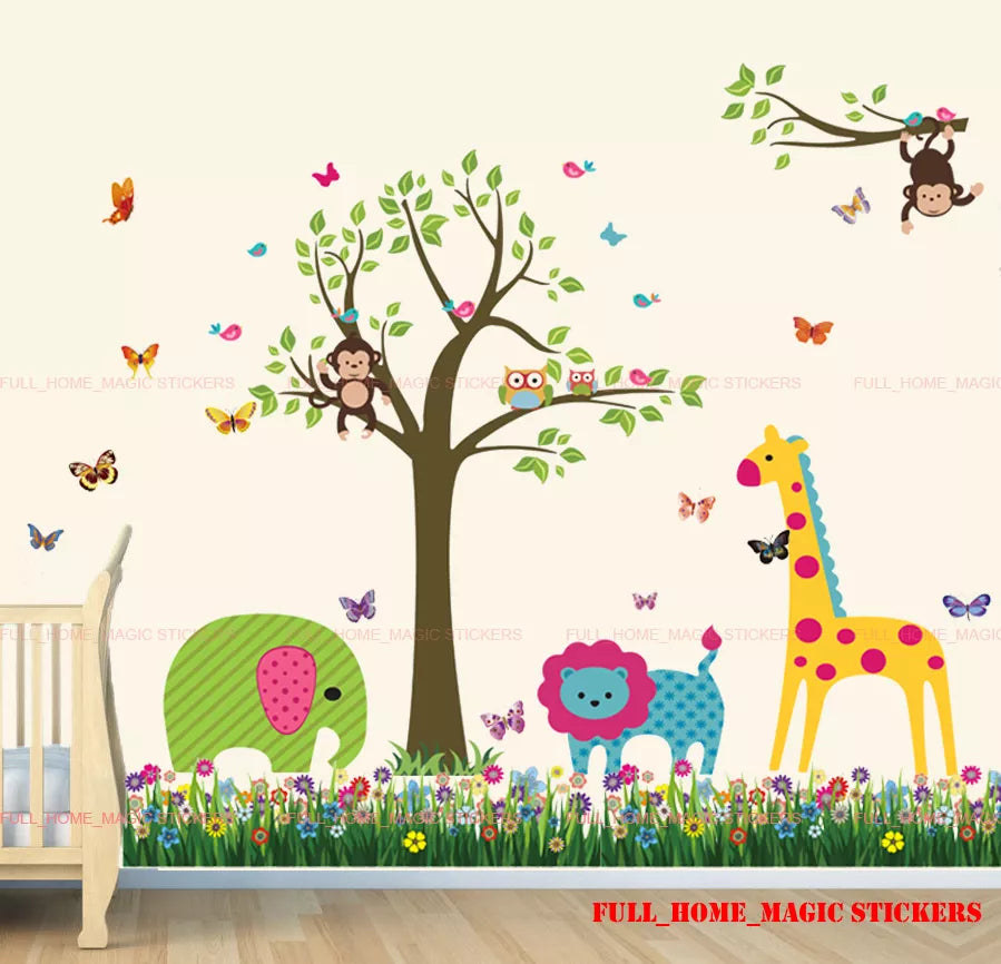 Monkey Owls Tree Jungle Animal Butterflies Wall Stickers Baby Nursery Kids Decal