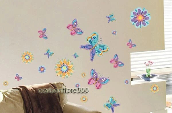 LARGE Colourful BUTTERFLIES FLOWERS Wall Stickers Nursery Girls Kids Room Decor size 50x70 xy8067