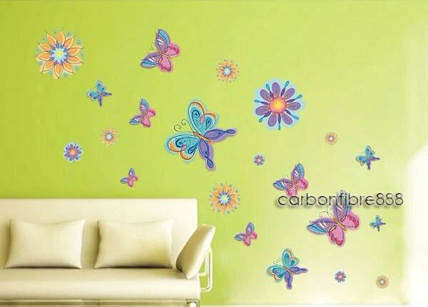 LARGE Colourful BUTTERFLIES FLOWERS Wall Stickers Nursery Girls Kids Room Decor size 50x70 xy8067