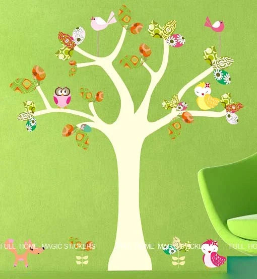 Colourful Animal Tree Wall Stickers Nursery/Girls/Kids Room Art Decals Owl FoxXY8053
