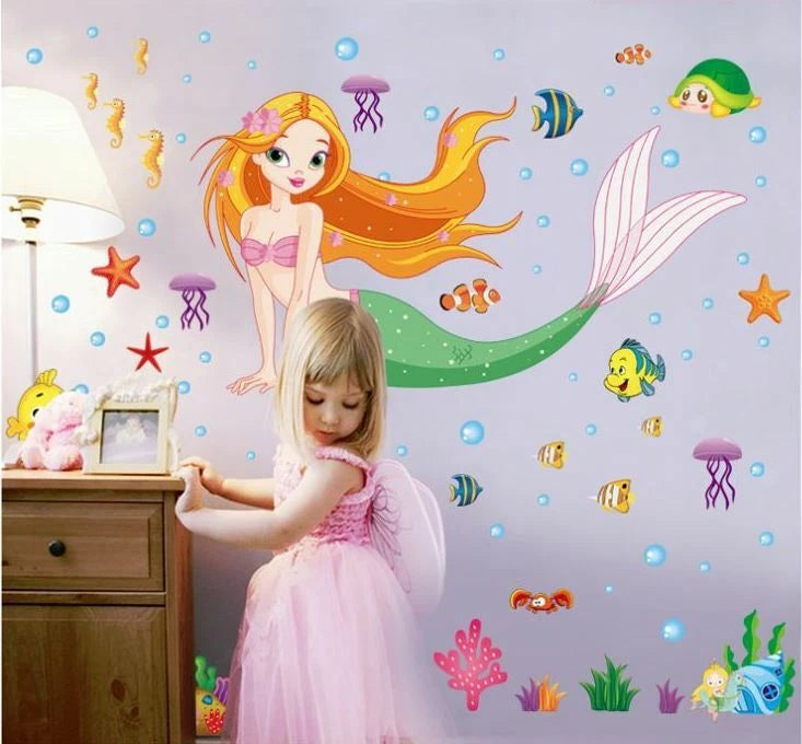 Wall Stickers Sea World Fish Mermaid Bubble Girl Removable Kids Girl Room Decal size 50x70 xls7036