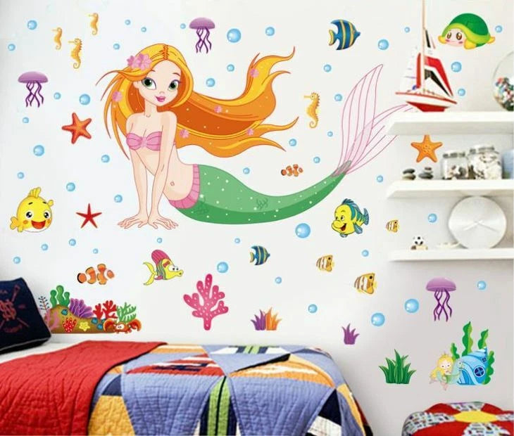 Wall Stickers Sea World Fish Mermaid Bubble Girl Removable Kids Girl Room Decal size 50x70 xls7036