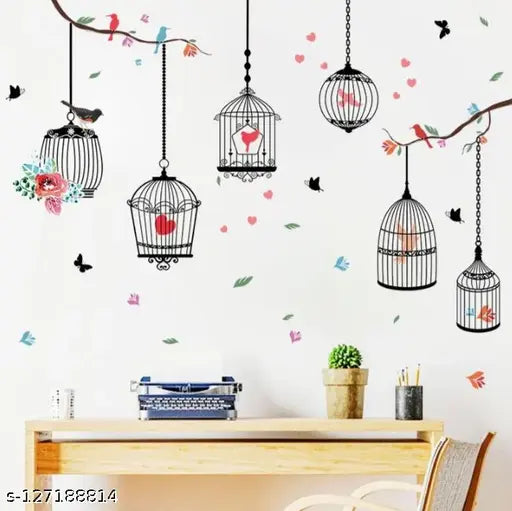 PG888  Girl's Walls Sticked with Bird Cages under Street Lamps and Loving Elk Composite Decoration Stickers