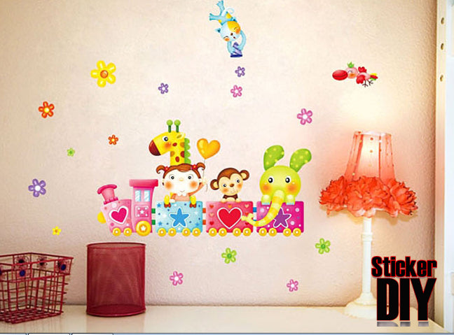 Decals Design 'Train Happy Cartoon Animals with Clouds' Wall Sticker (PVC Vinyl, 70 cm x 50 cm) size 25x45 xy3005