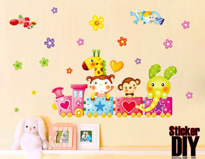 Decals Design 'Train Happy Cartoon Animals with Clouds' Wall Sticker (PVC Vinyl, 70 cm x 50 cm) size 25x45 xy3005