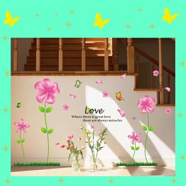 Wall Stickers - Flowers, Plants, English Letters - Stylish Wall Stickers - Alphabet Wall Decals - Perfect for Toilets, Entrances, Bedrooms, Windows, Mirrors - Cute Pink - Flowerbeds, Flower Gardens size 45x60 ay650a