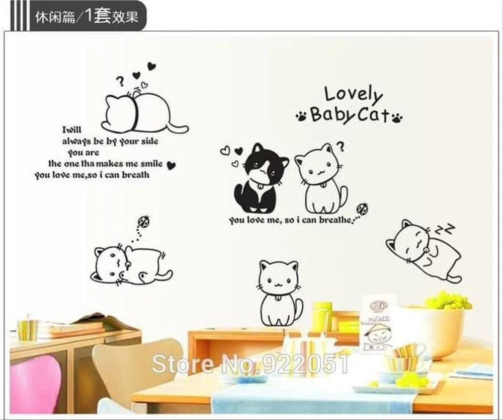 Wall Sticker English Letters Lovely Baby Cats Paper Home Decal Removable Wall Vinyl Living Room Bedroom PVC Art Picture Murals Waterproof DIY Stick for Adults Teems Kids Nursery Baby size 60x90 ay9048