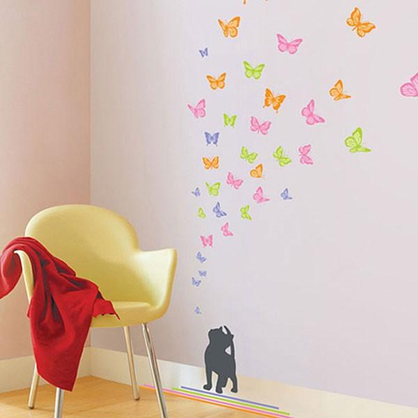 Wall Sticker, Flowers and Cat, Cat Watching Flowers and Butterflies, Peel and Stick Wallpaper Sticker, Wall Sticker Honpo, TakuC size 50x70 tc2047