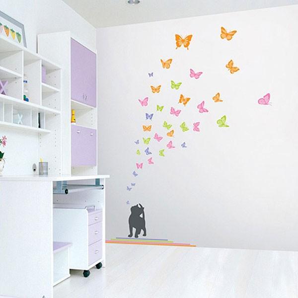 Wall Sticker, Flowers and Cat, Cat Watching Flowers and Butterflies, Peel and Stick Wallpaper Sticker, Wall Sticker Honpo, TakuC size 50x70 tc2047