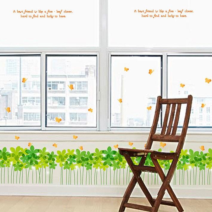 Double-sided wall stickers featuring leaf clover, green flowers, and butterflies, featuring English letters, a Nordic, cute, and modern design for bathrooms and living rooms. Peel-and-stick interior stickers size 50x70 sk7080