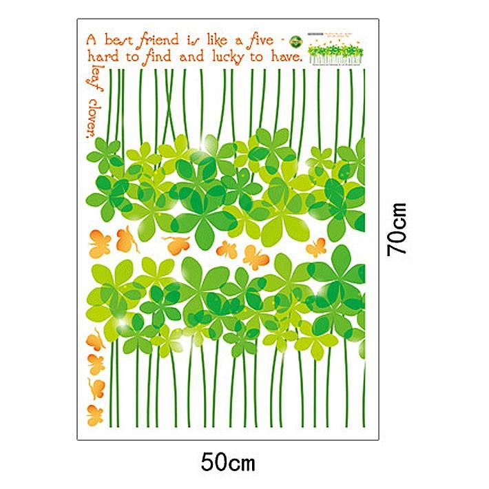 Double-sided wall stickers featuring leaf clover, green flowers, and butterflies, featuring English letters, a Nordic, cute, and modern design for bathrooms and living rooms. Peel-and-stick interior stickers size 50x70 sk7080