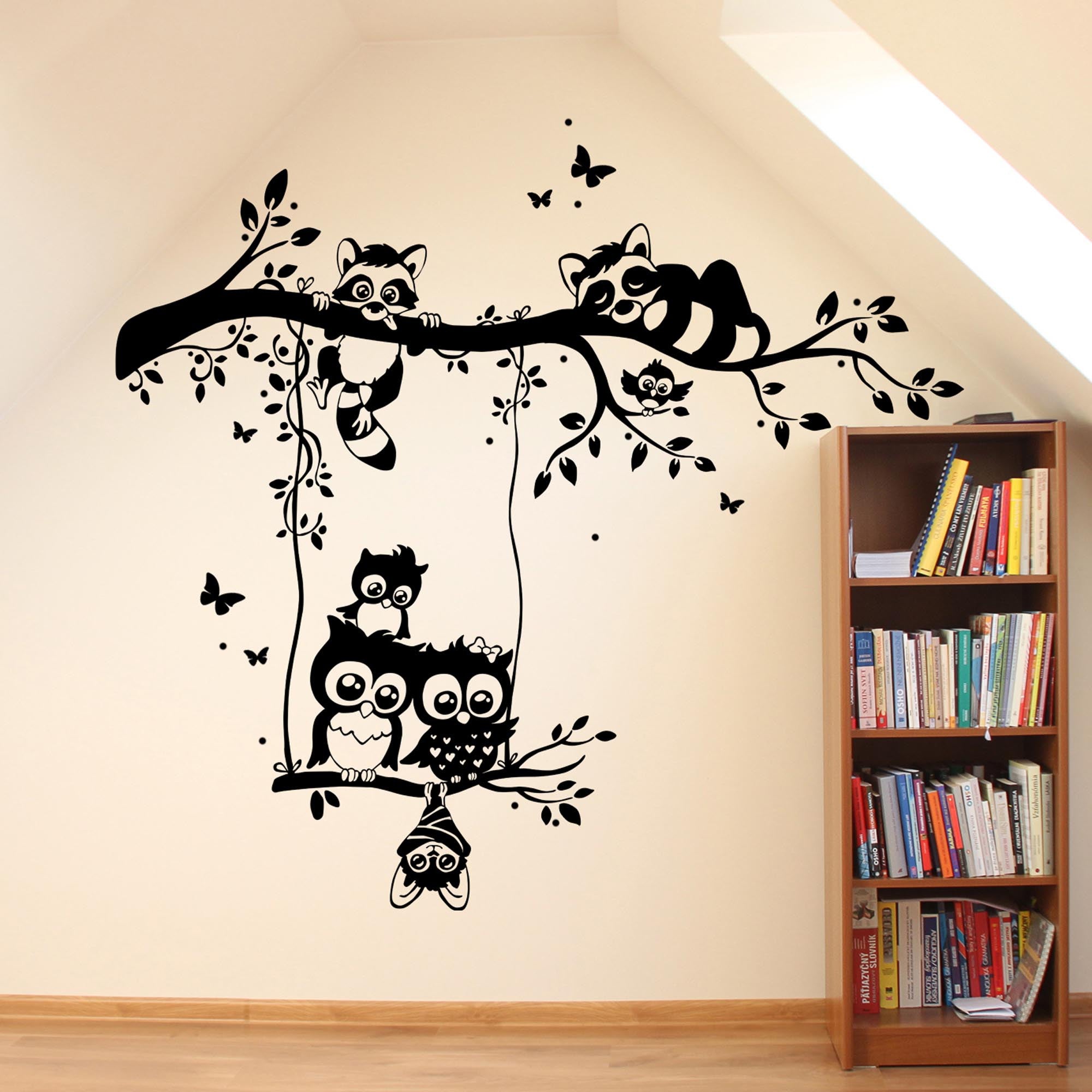 Wall Stickers Owls on Swing Owl Tree Owl with Name of Choice and Spots (M1577 Butterflies – Assorted Colour, black, size 45x60 aqm024