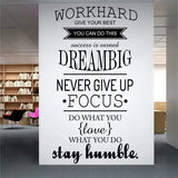 DZR2002 i20"w x 40"h Removable Vinyl Quotes "Work Hard, Never Give up" Wall Decal Inspirational Lettering Wall Sticker Decor Saying Murals for Kids Bedroom Living Room Nursery Walls Classroom Black