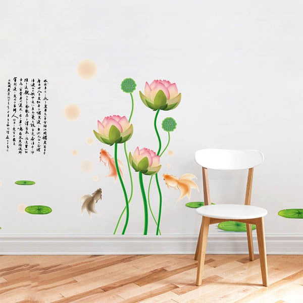 Fantasy Goldfish and Lotus Trompe-l'oeil Wall Stickers, Art, Interior Decor, Window Frame, Wall Decoration, Nordic Style, DIY, Living Room  size 60x90 xh9213
