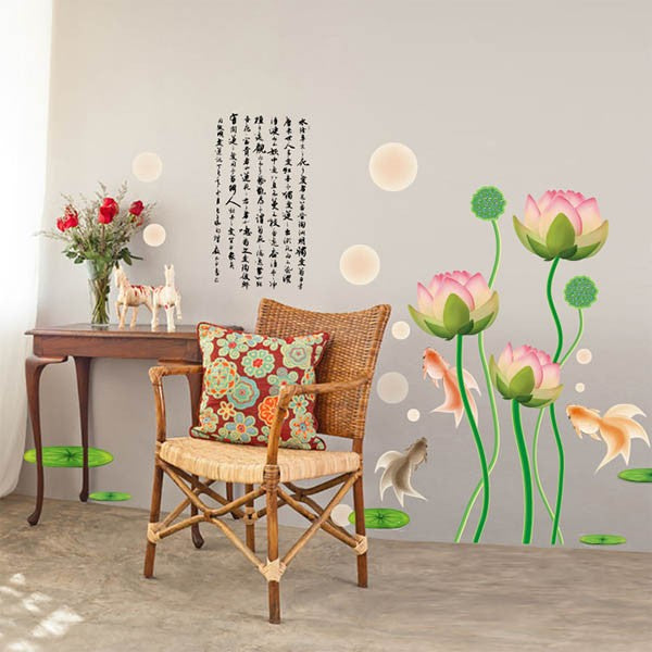 Fantasy Goldfish and Lotus Trompe-l'oeil Wall Stickers, Art, Interior Decor, Window Frame, Wall Decoration, Nordic Style, DIY, Living Room  size 60x90 xh9213