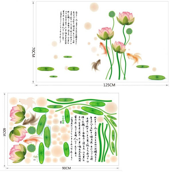 Fantasy Goldfish and Lotus Trompe-l'oeil Wall Stickers, Art, Interior Decor, Window Frame, Wall Decoration, Nordic Style, DIY, Living Room  size 60x90 xh9213
