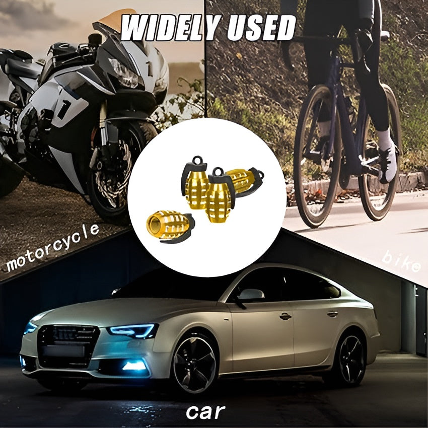 Pack of 4 - Grenade Tyre Air Valve Nozzle Caps for Car and Bikes (Golden)