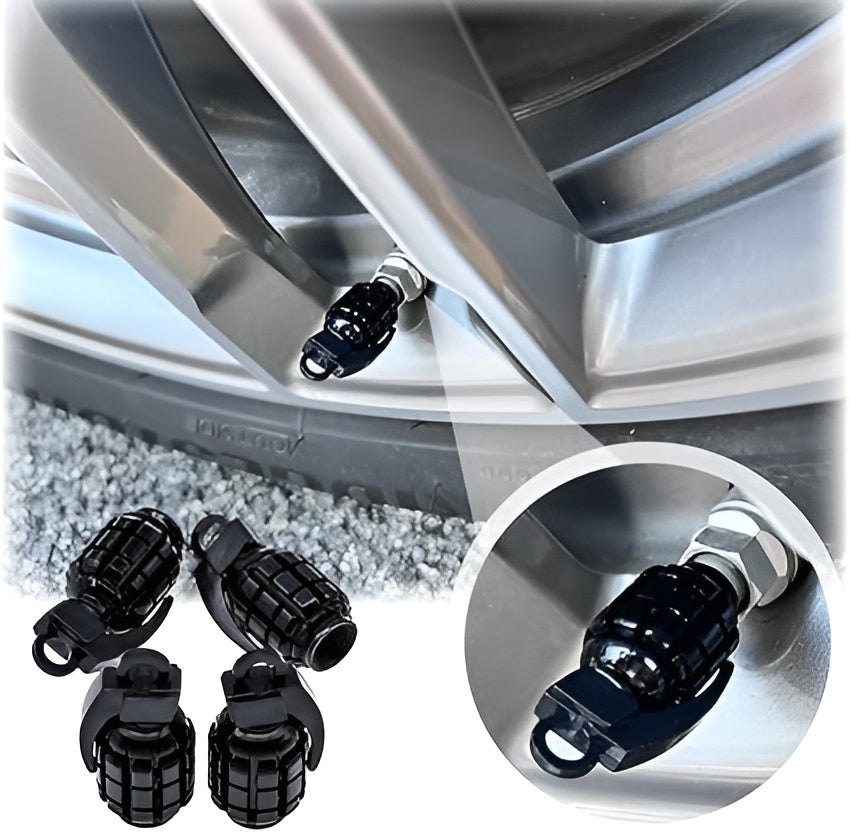 Pack of 4 - Grenade Tyre Air Valve Nozzle Caps for Car and Bikes (Golden)