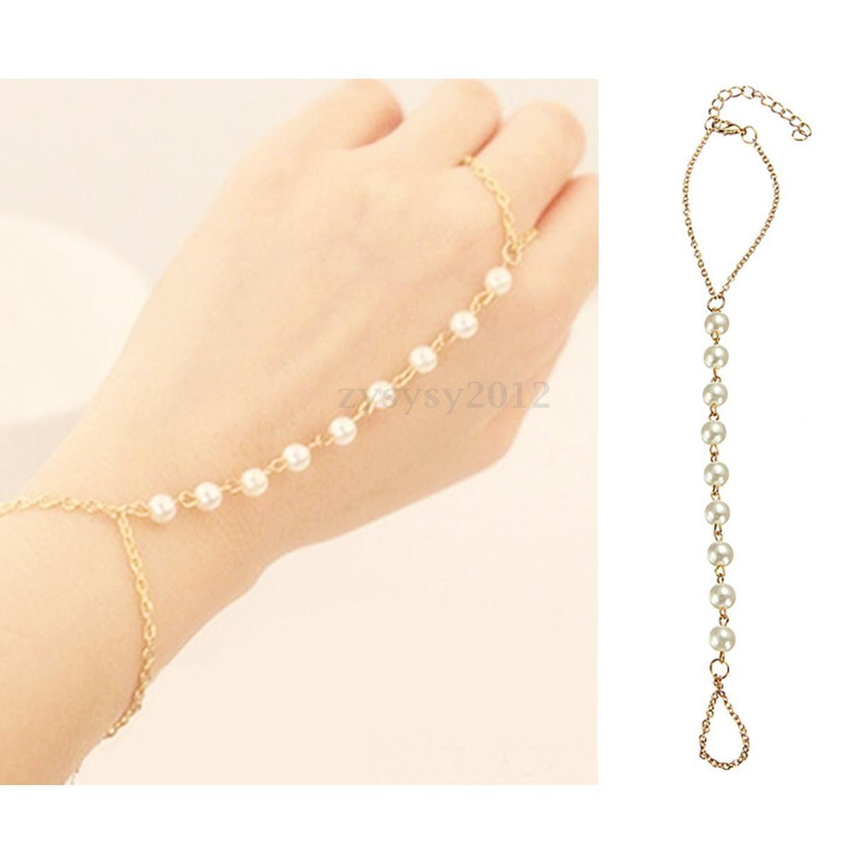 Women\'s Fashion Faux Pearl Bracelet Link Finger Ring Hand Chain Harness Jewelry