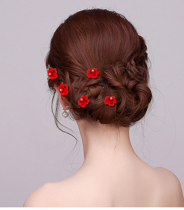 12 Piece Wedding Women Bridal Hair Pins for Bride Red Flocking Rose Hair Accessories for Bridesmaids and Flower girls Prom