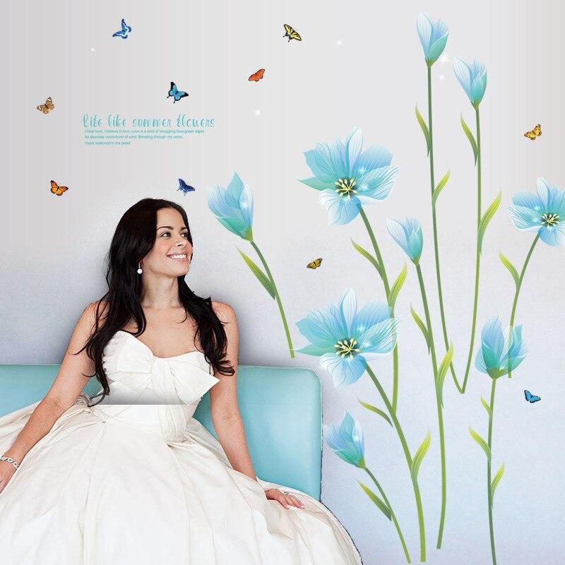 Blue lily flower Romantic weding bedroom wall sticker Entrance TV sofa background Decorative Wall Stickers SK9029