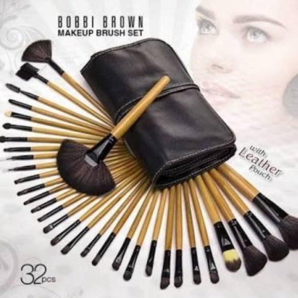 32 Pcs Professional Makeup Brush Cosmetic Beauty Make Up Brush Set + Black Pouch Bag Leather Case - Wood Color  pmbbkz9b-8