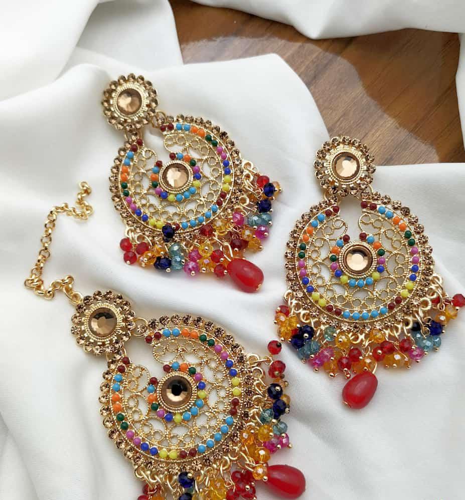 Multi Color Stylish Design Jhumka Tikka Earrings Jewellery Sets for Girls Women