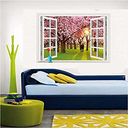 Wall Sticker ay9234e romantic sunset landscape cherry tree 3d fake window stickers wall decor wall stickers for kids rooms