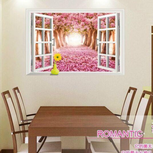 AY9234D cherry tree avenue 3d fake windows landscape green pvc wall sticker Removable wall stickers home decor wall decor