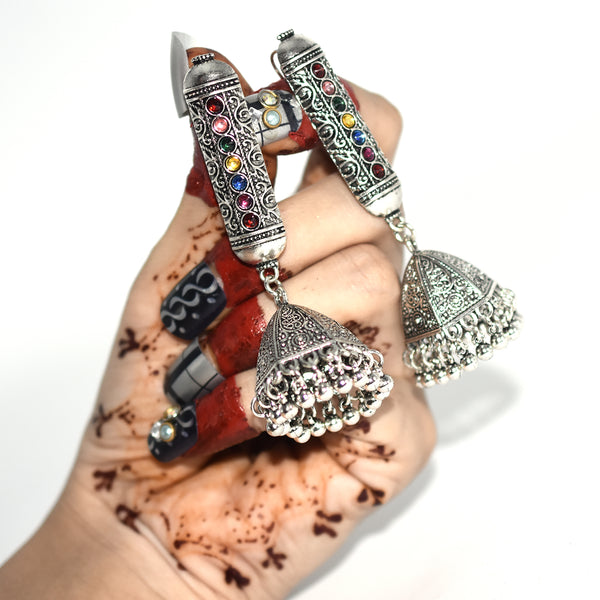 Ethnic Silver Plated Afghan Bell Tassel Jhumka